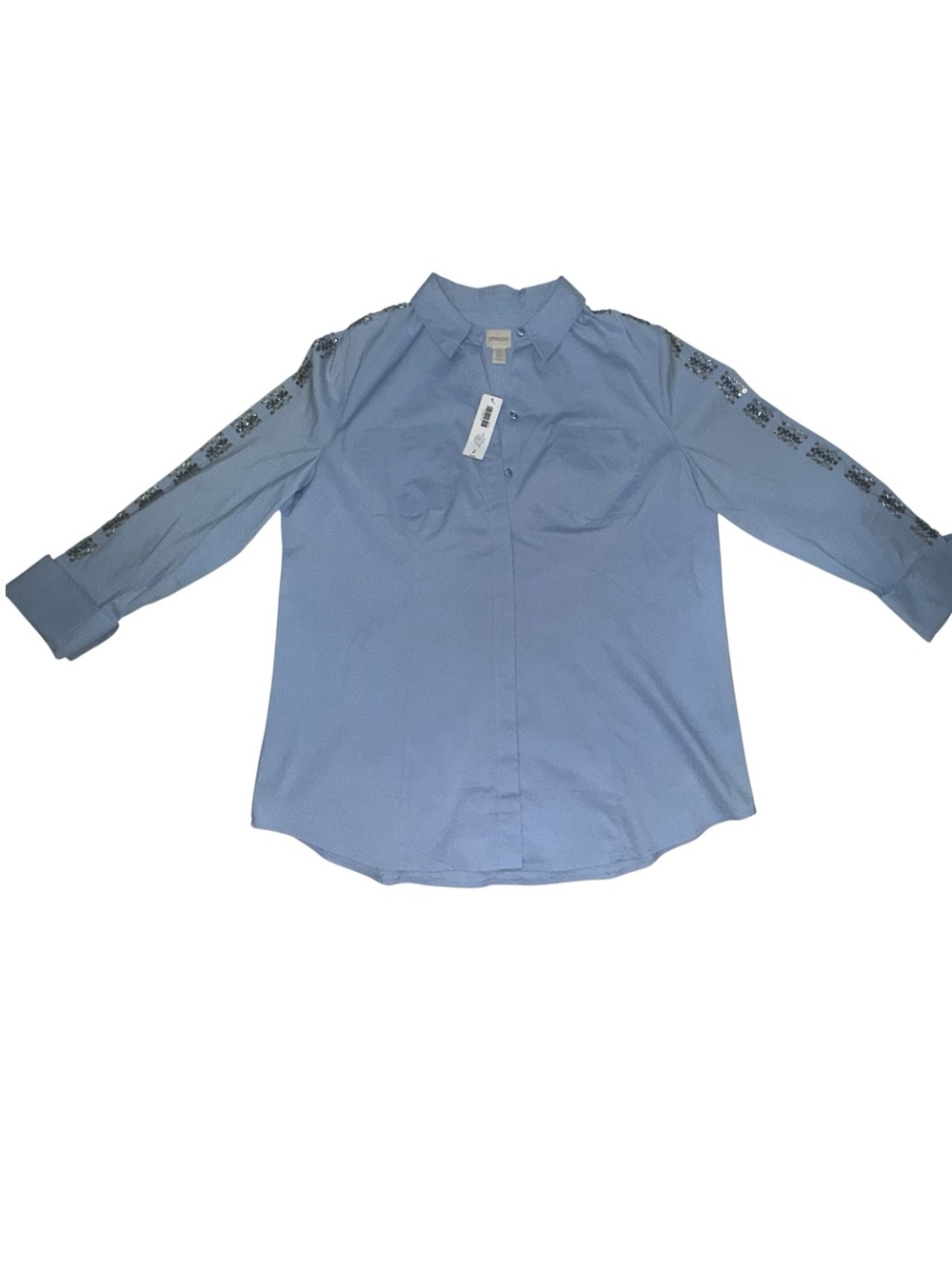 NWT Cache Light Blue Women’s Button-Up Shirt w Embellished Sleeves. Size 2 Plus